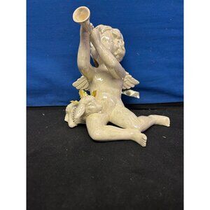 Ceramic Angel Figurine Playing Horn With Lamb & Gold Ribbon Wings